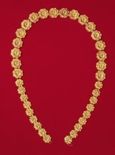 Necklace of rosette shaped relief beads, from the Tholos Tomb at Dendra, c.1400 BC by Mycenaean